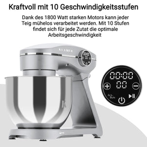 Küchenmaschine mit 1800 Watt Motor und 10 Geschwindigkeitsstufen zur einfachen Teigverarbeitung für Großfamilien.