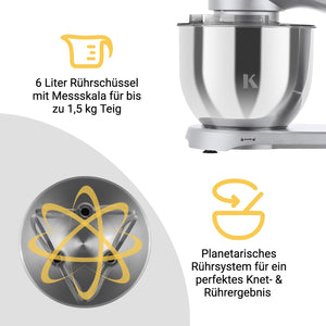 Küchenmaschine mit 6 Liter Rührschüssel, ideal für bis zu 1,5 kg Teig und planetarischem Rührsystem für perfekte Ergebnisse.