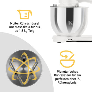 Küchenmaschine mit 6 Liter Rührschüssel und planetarischem Rührsystem für perfektes Knet- und Rührergebnis.