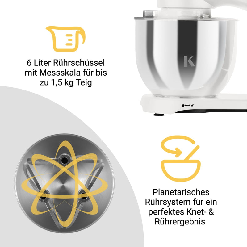 Küchenmaschine mit 6 Liter Rührschüssel und planetarischem Rührsystem für perfektes Knet- und Rührergebnis.