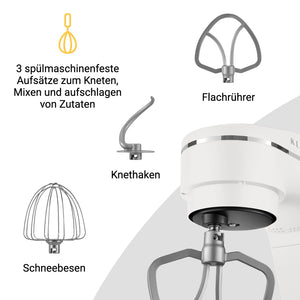 Küchenmaschine mit 3 spülmaschinenfesten Aufsätzen zum Kneten, Mischen und Aufschlagen von Zutaten.