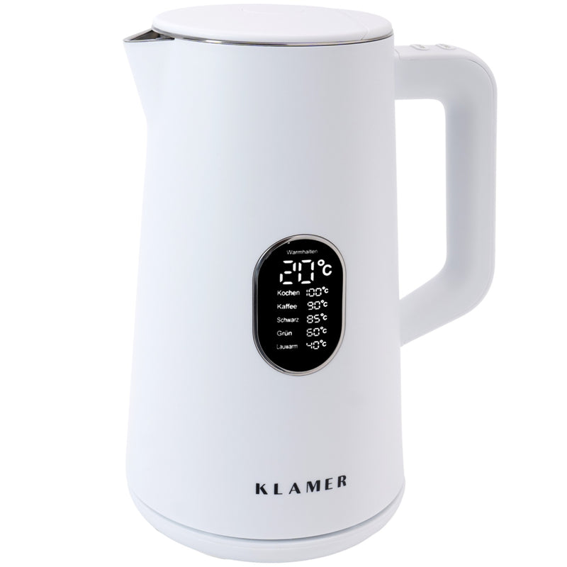 Wasserkocher 1.5 Liter mit temperaturgesteuerten Funktionen in elegantem Weiß und modernem Design.