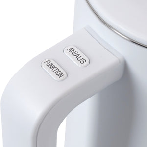 Nahaufnahme der Tasten "Funktion" und "An/Aus" eines Wasserkochers 1.5 Liter in weißem Design.