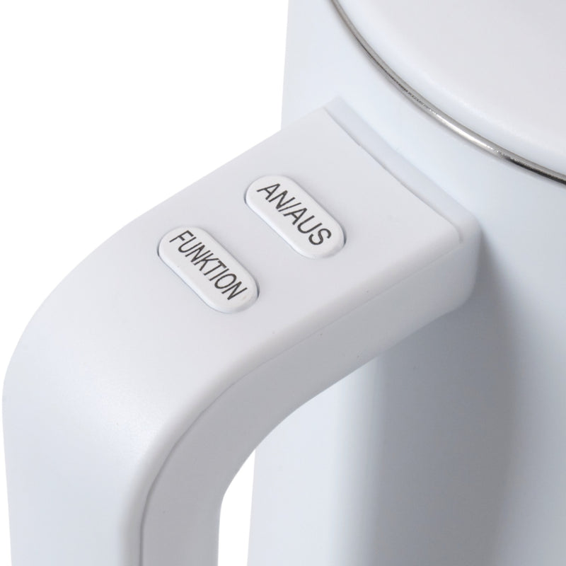 Nahaufnahme der Tasten "Funktion" und "An/Aus" eines Wasserkochers 1.5 Liter in weißem Design.