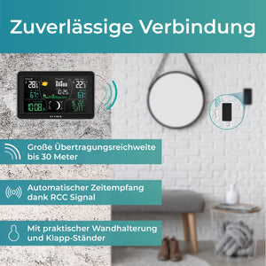 Wetterstation mit zuverlässiger Verbindung, großem Display, automatischem Zeitempfang und Wandhalterung.