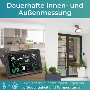 Wetterstation mit digitalem Display zeigt Innen- und Außenmessungen von Temperatur und Luftfeuchtigkeit an.