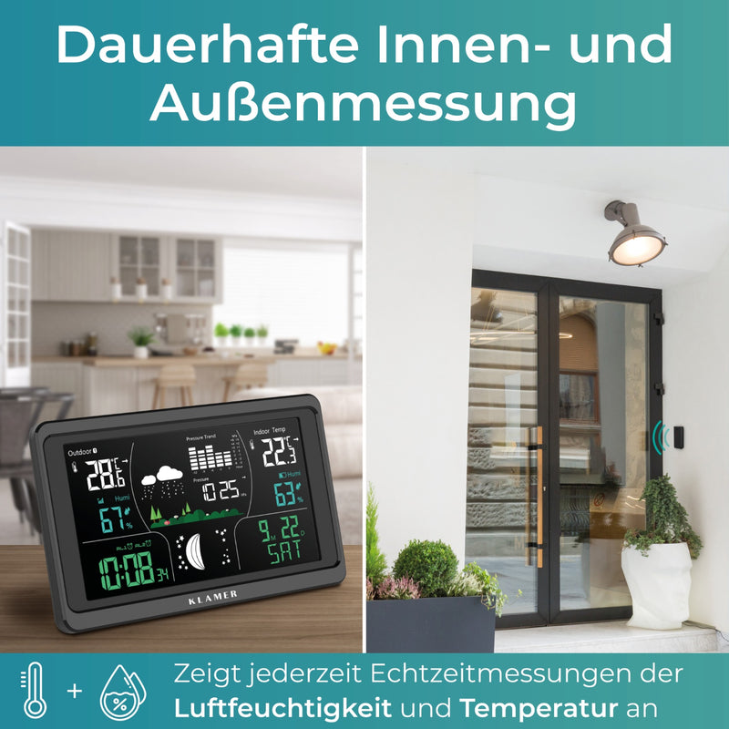 Wetterstation mit digitalem Display zeigt Innen- und Außenmessungen von Temperatur und Luftfeuchtigkeit an.