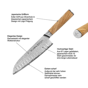 Santoku Damastmesser 18cm mit Olivenholz