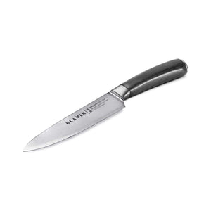 Damast Allzweckmesser 13.7cm mit schwarzem Griff und 67-lagigem Damaststahl für universelle Anwendungen.