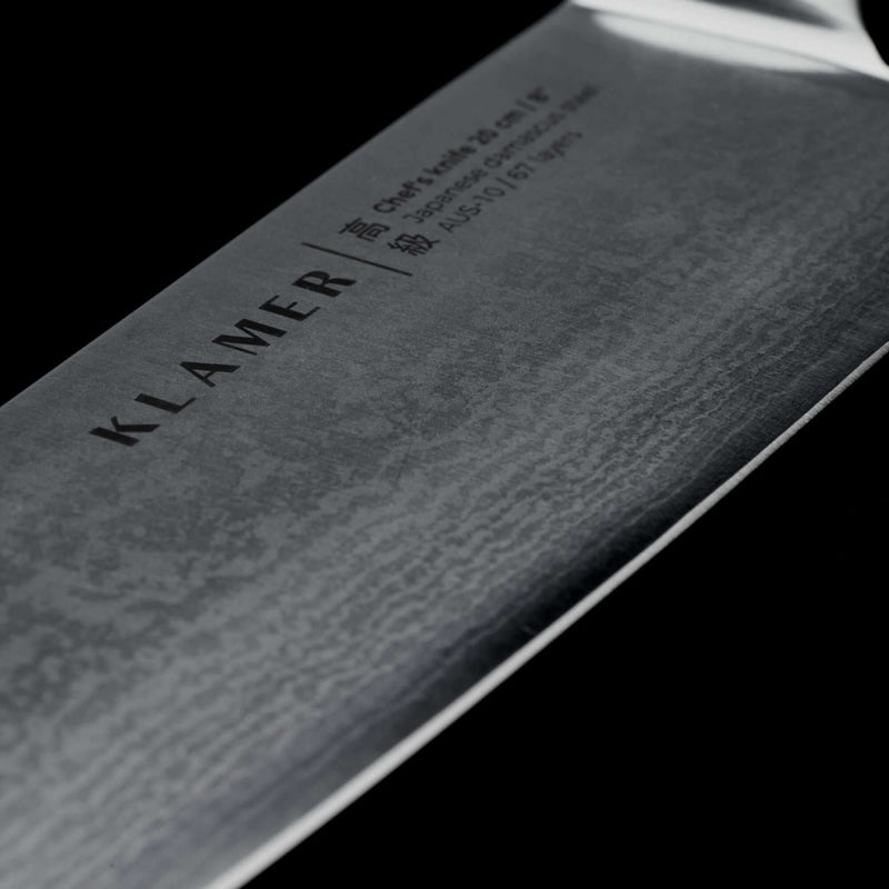 Damast Chefmesser 20cm close-up showing blade details and brand name Klamer