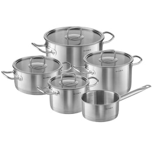Edelstahl Topfset 5-teilig in silber mit transparenten Deckeln, ideal für Kochflächen und vielseitiges Kochen.