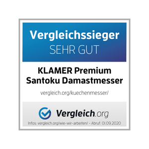 Vergleichssieger Auszeichnung für Klamer Premium Santoku Damastmesser, sehr gut bewertet auf Vergleich.org