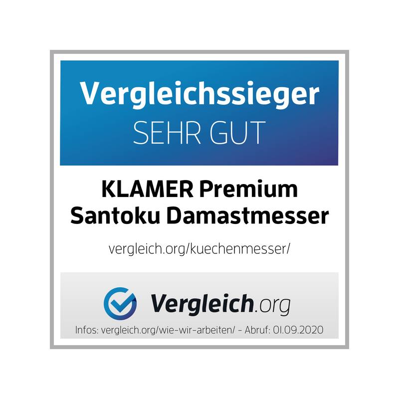 Vergleichssieger Auszeichnung für Klamer Premium Santoku Damastmesser, sehr gut bewertet auf Vergleich.org