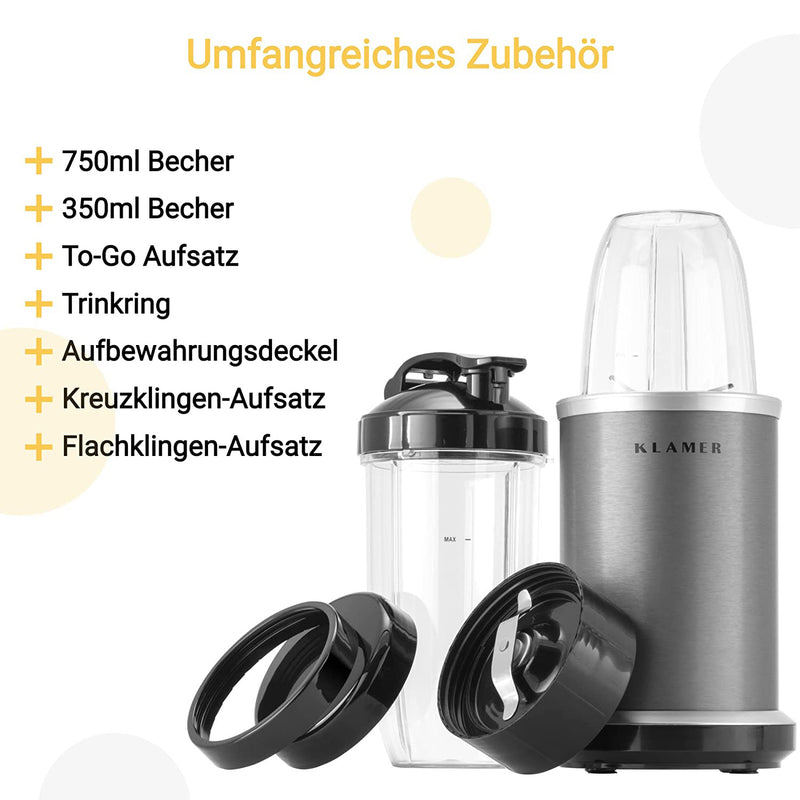 Bullet Mixer with 750ml and 350ml cups, To-Go lid, drinking ring, and various blade attachments.