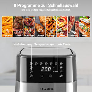 Heißluftfritteuse Kompakt 3.5L mit LED-Digitalanzeige, 8 Programme zur Schnellauswahl und temperature controls.