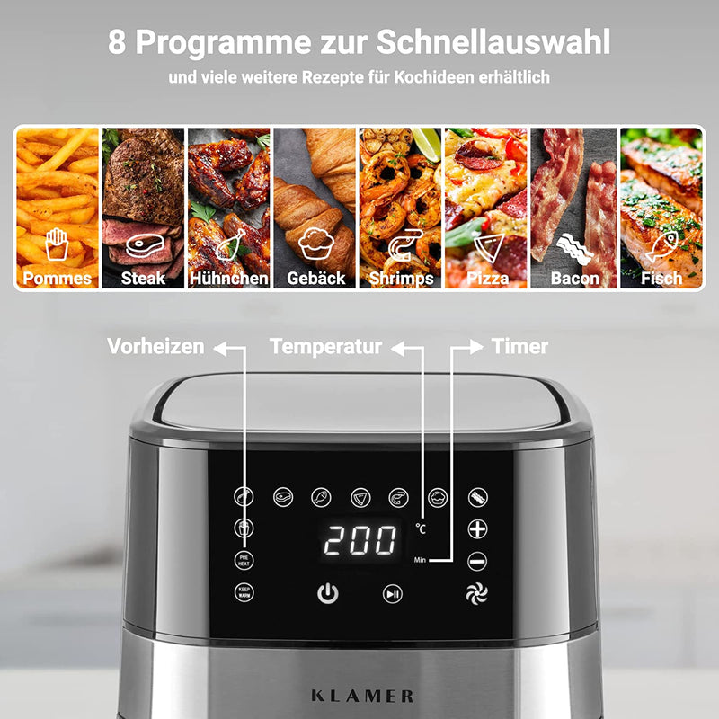 Heißluftfritteuse Kompakt 3.5L mit LED-Digitalanzeige, 8 Programme zur Schnellauswahl und temperature controls.