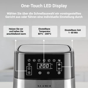 Heißluftfritteuse Kompakt 3.5L mit One-Touch LED Display zur einfachen Temperatureinstellung von 80°C bis 200°C.