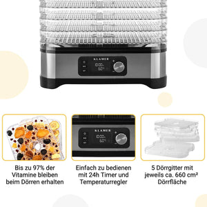 Dörrautomat mit 5 Dörrgittern für gleichmäßiges Trocknen von Früchten und Gemüse