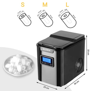 Eiswürfelmaschine 150 Watt mit verschiedenen Eiswürfelgrößen und digitalem Display für optimale Eisproduktion.