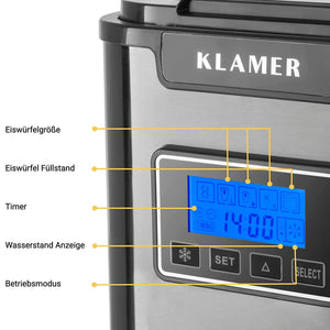 Eiswürfelmaschine 150 Watt Steuerungselemente mit blauem Display und Funktionen wie Timer und Wasserstandsanzeige.