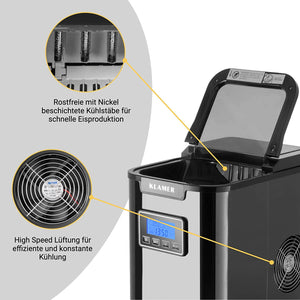 Eiswürfelmaschine 150 Watt mit Edelstahl Kühlstäben und High Speed Lüftung für optimale Eiskühlung.