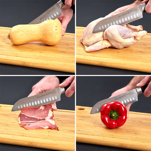 Santoku Damastmesser slicing butternut squash, chicken, bacon, and bell pepper on a wooden cutting board.