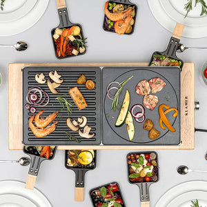 Raclette Grill für 8 Personen mit Grillplatte, Meeresfrüchten und Gemüse für gesellige Abende.