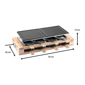 Raclette Grill für 8 Personen mit Aluminiumguss-Grillplatte und Gummibaumholz-Design.