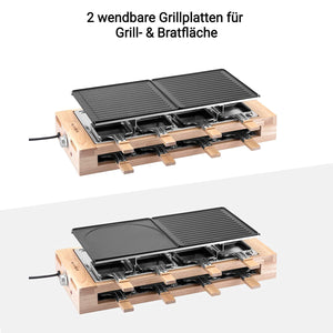 Raclette Grill für 8 Personen mit 2 wendbaren Grillplatten für Grill- und Bratfläche.