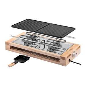 Raclette Grill für 8 Personen mit Aluminiumguss-Grillplatte und Gummibaumholz-Design.