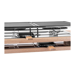 Raclette Grill für 8 Personen im Detail mit Aluminiumguss-Grillplatte und Gummibaumholz-Design.