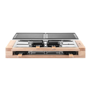 Raclette Grill für 8 Personen mit Aluminiumguss-Grillplatte und Gummibaumholzrahmen.