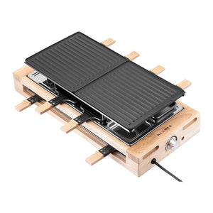 Raclette Grill für 8 Personen mit Aluminiumguss-Grillplatte und Gummibaumholz-Design.